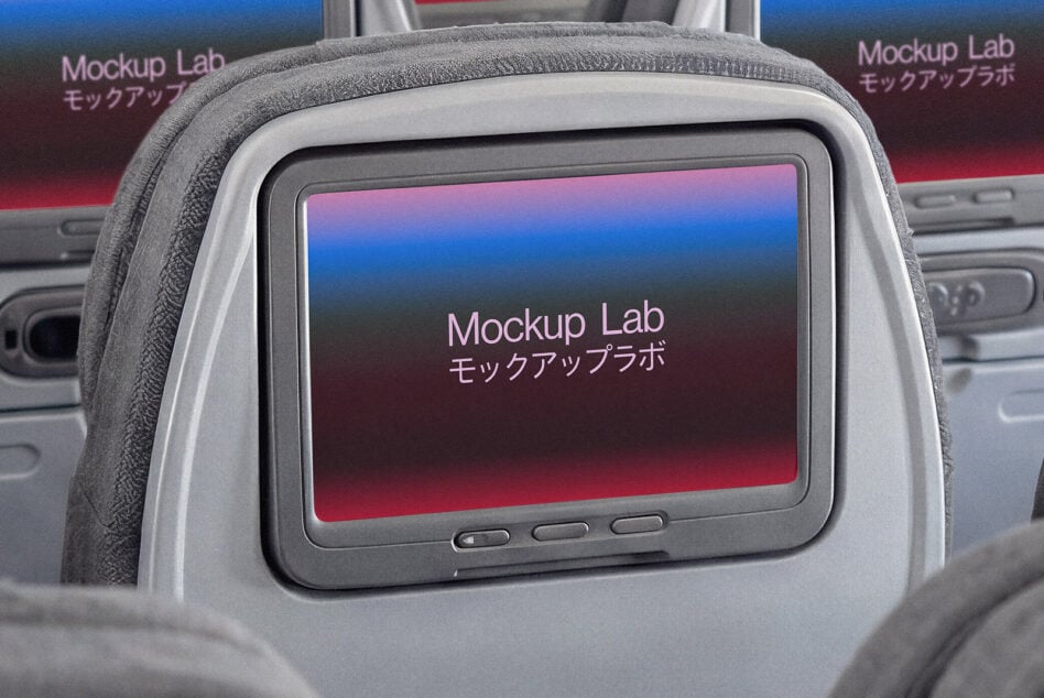 Airplane seat-back screen showing colorful gradient mockup in passenger cabin
