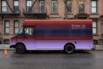 Delivery truck with red to purple gradient side panel design mockup
