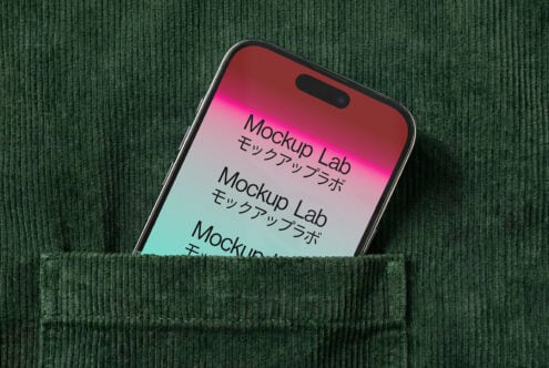 Phone in green ribbed fabric pocket showing pink to mint gradient screen