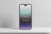 iPhone mockup with mountain landscape photo on screen