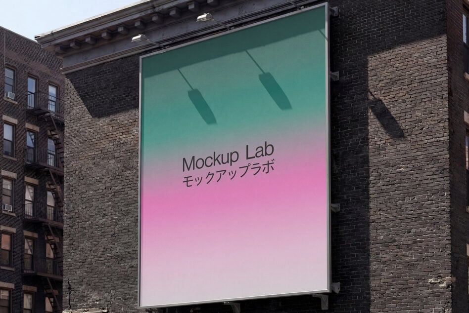 Street-level billboard with gradient background mounted on historic building facade