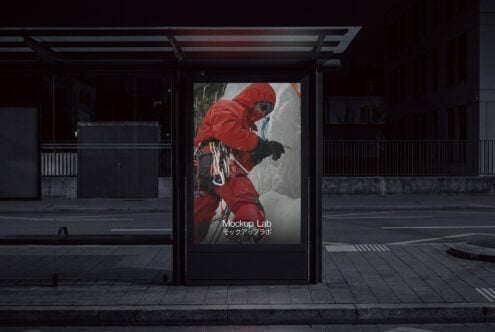 Bus shelter lightbox showing climber in red gear, Mockup Lab branding