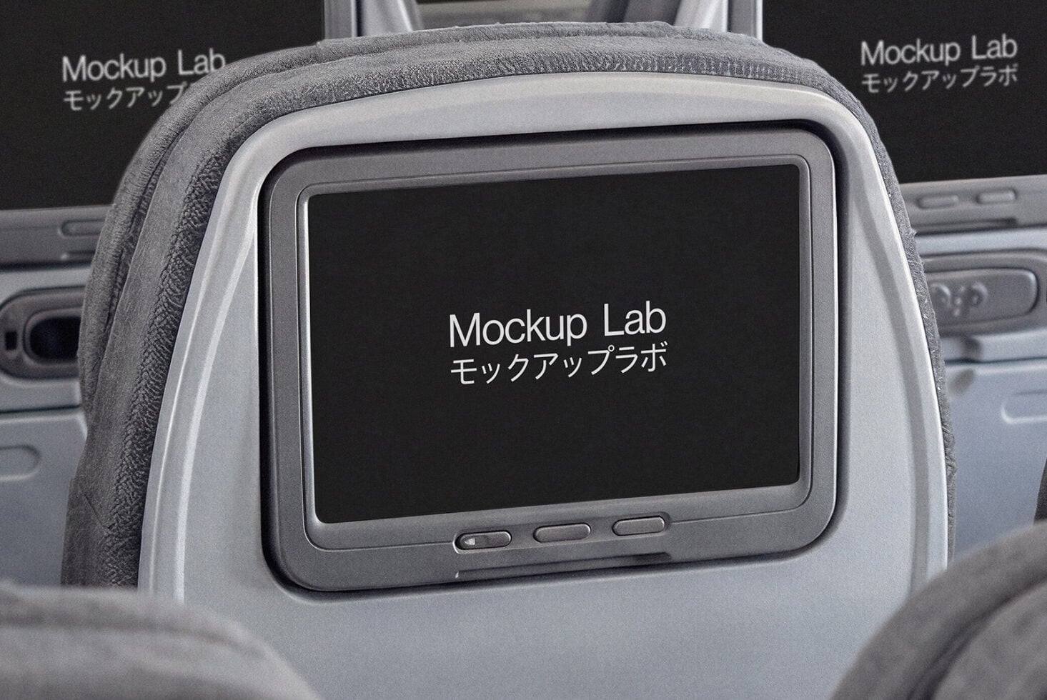 Airplane seat-back screen mockup with black display surface in cabin view