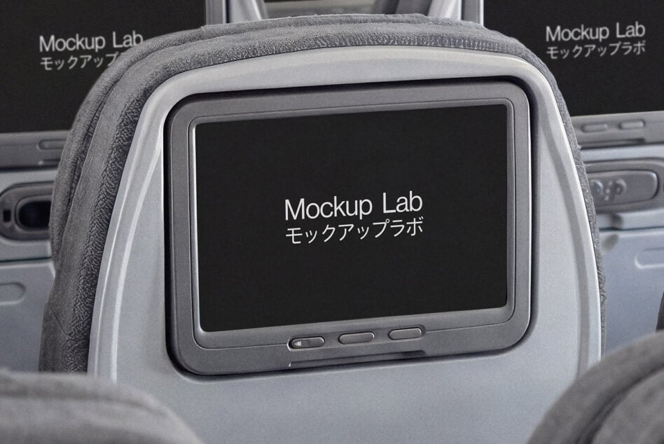 Airplane seat-back screen mockup with black display surface in cabin view