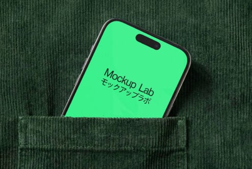Smartphone peeking from green ribbed fabric with bright green display visible