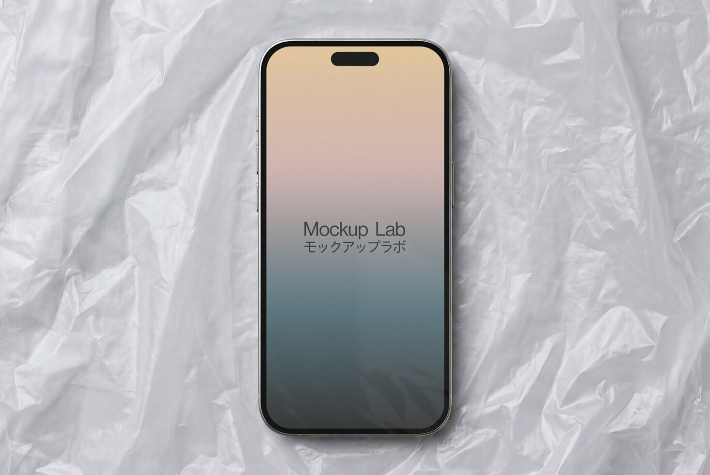 iPhone 14 Pro showing gradient display from cream to teal with Mockup Lab branding