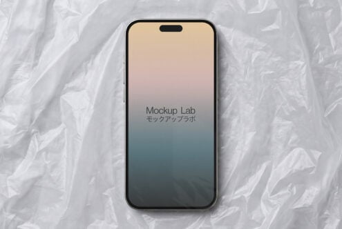 iPhone 14 Pro showing gradient display from cream to teal with Mockup Lab branding