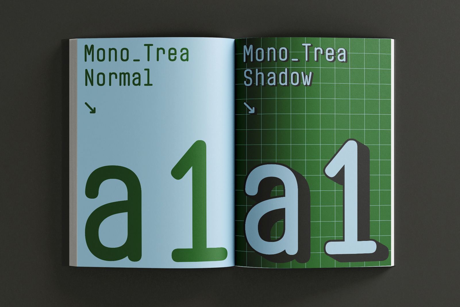 Open spread showing Mono Trea typeface in normal version left page, shadow version right page with large a1 character display