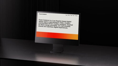 Desktop mockup showing Frank Celebrini portfolio website with orange accent bar