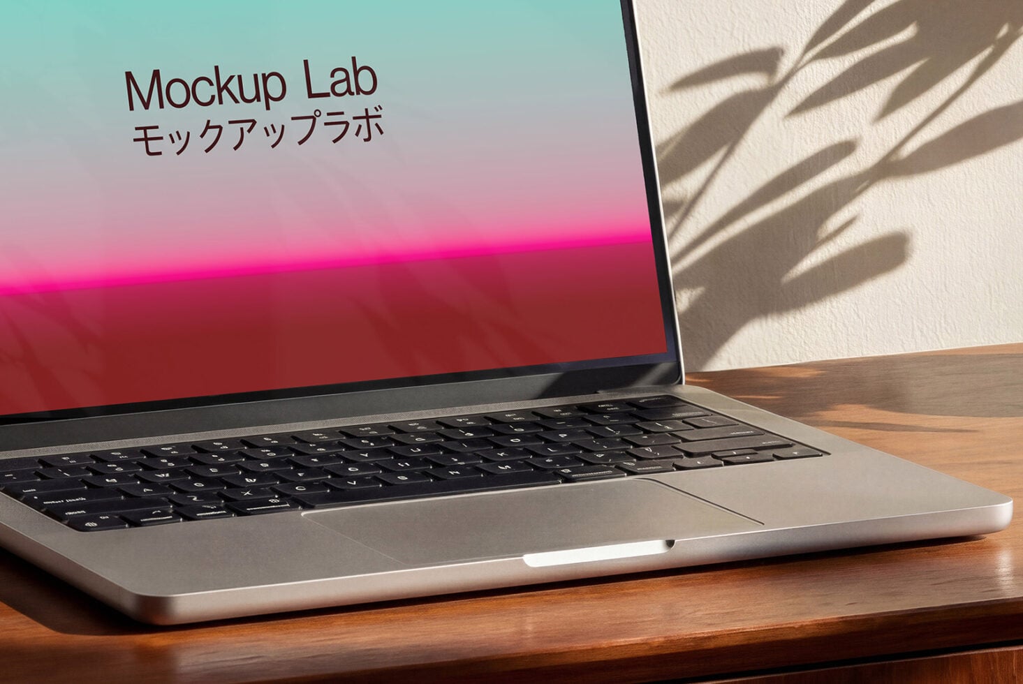 Laptop on wood desk showing gradient screen with plant shadow, side view