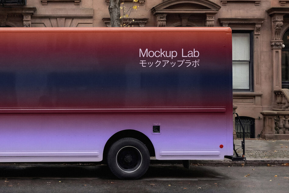 Purple gradient delivery truck with Mockup Lab branding on brick building