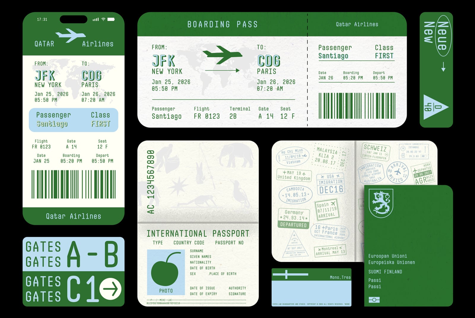 Travel documents mockup with Qatar Airways boarding pass, passport, international stamps, gate signs, barcode on black background
