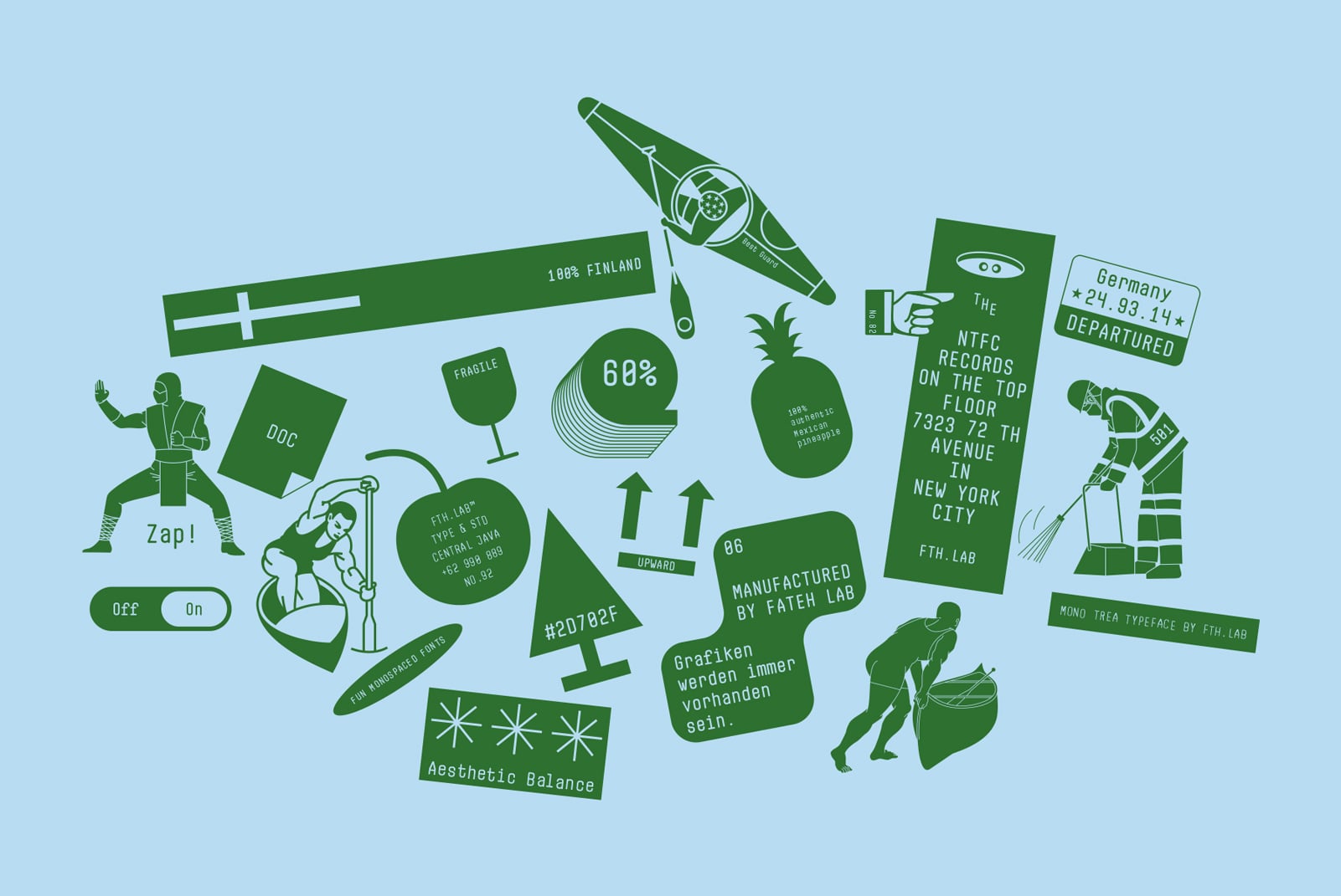 Scattered green design elements on light blue background including plane, silhouettes, typography labels, Finland flag banner