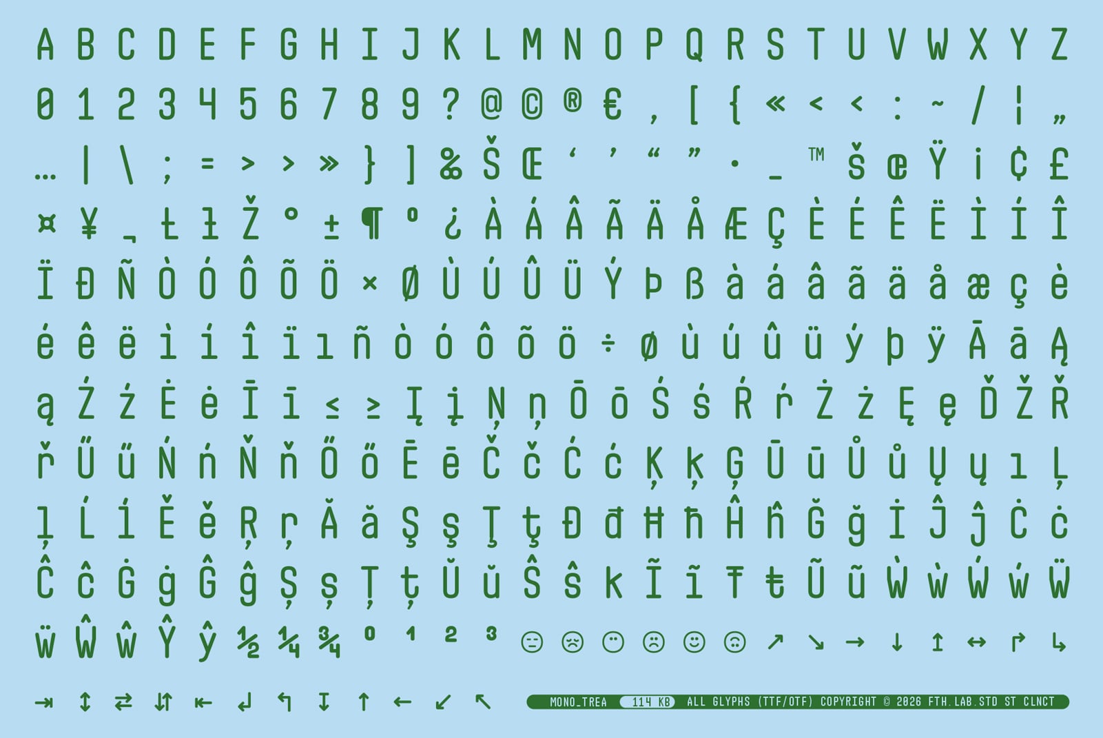 Mono Trea font character set showing glyphs numbers symbols on blue