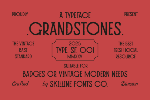 Grandstones vintage typeface presentation red background with badges details