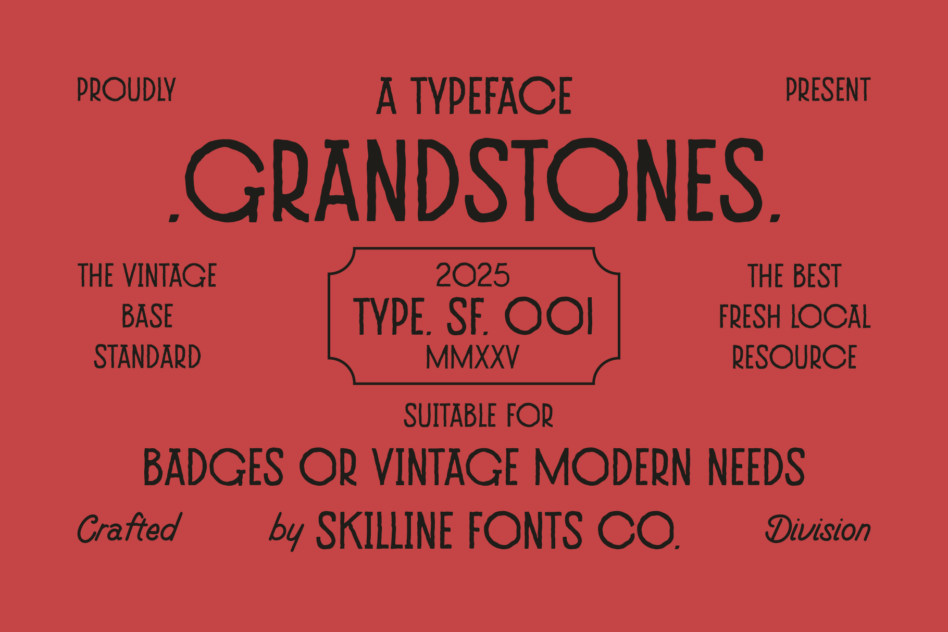 Grandstones vintage typeface presentation red background with badges details