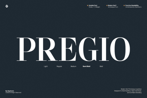 Pregio modern serif font displaying weight variations from light to bold
