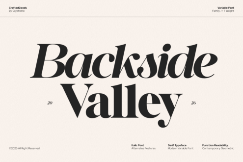 Backside Valley serif italic font specimen in black on cream with alternates info