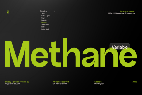 GC Methane Variable font display in lime showing 9 weight options from hairline to extra bold