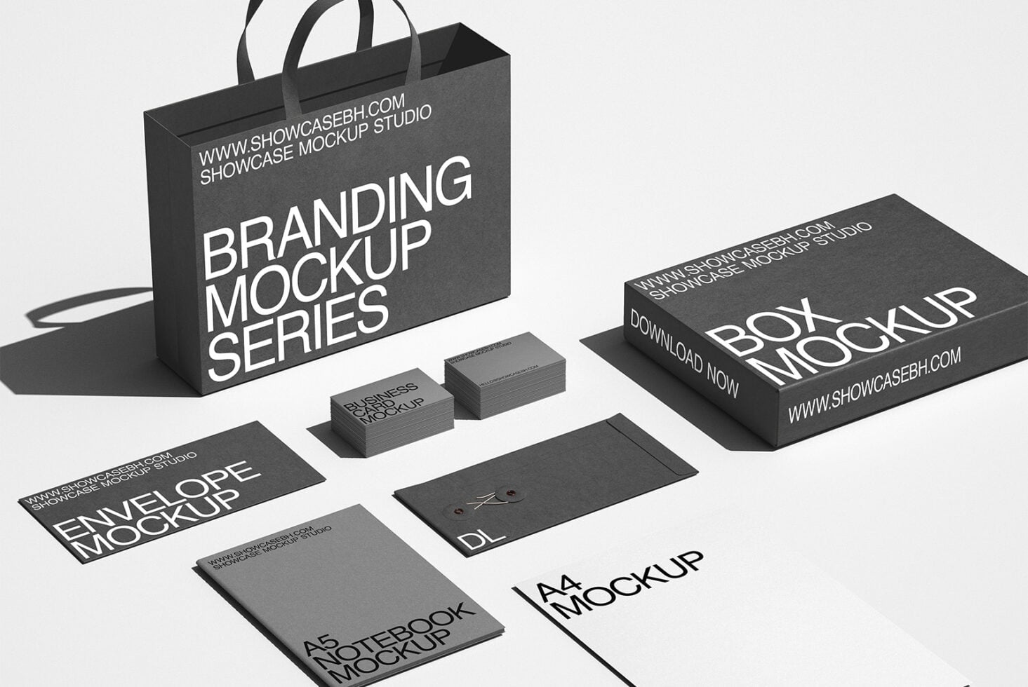 Black shopping bag with matching stationery mockups including business cards