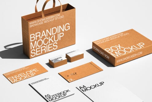 Kraft paper shopping bag with coordinating stationery mockup set