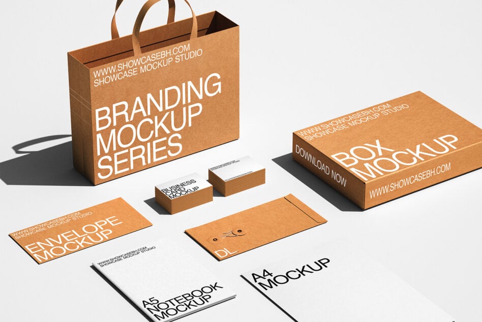 Kraft paper shopping bag with coordinating stationery mockup set