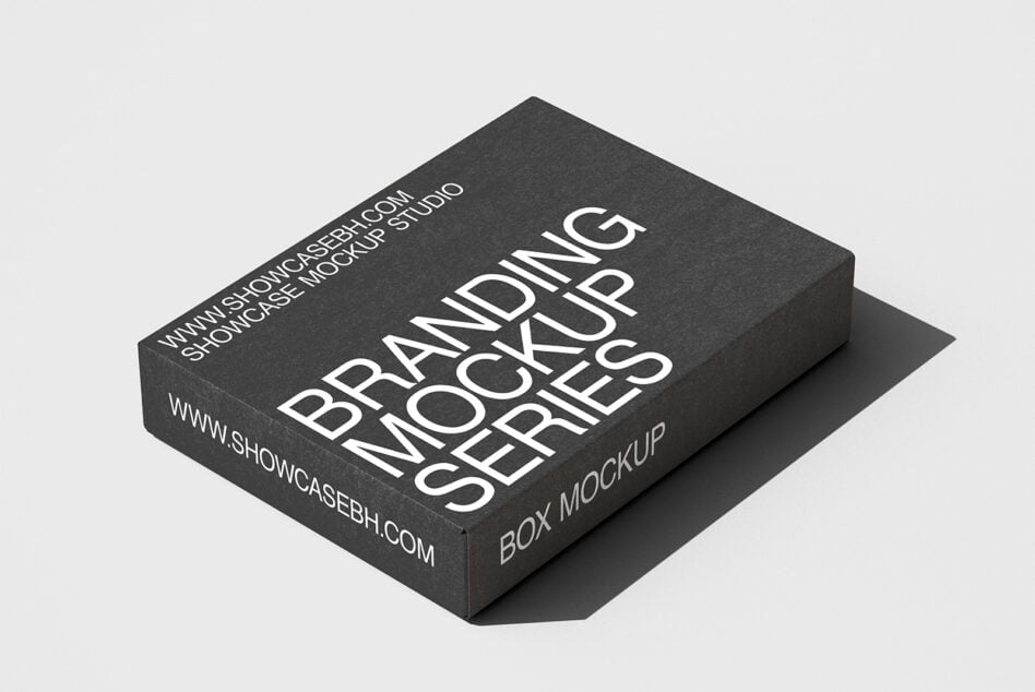 Dark gray box mockup with white text showing branding series design