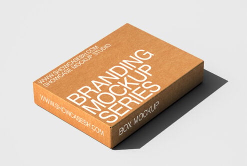 Tan cardboard box mockup displaying branding series layout