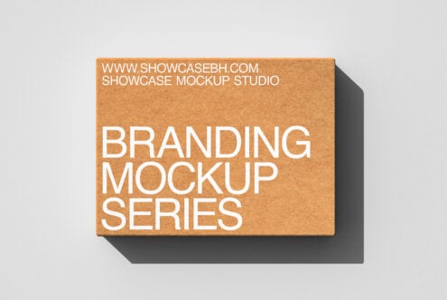 Kraft cardboard box mockup featuring white branding typography, warm tan color