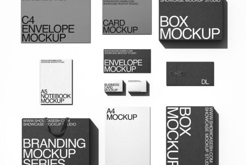 Complete branding mockup set with dark gray boxes, envelopes, cards, notebooks, folder