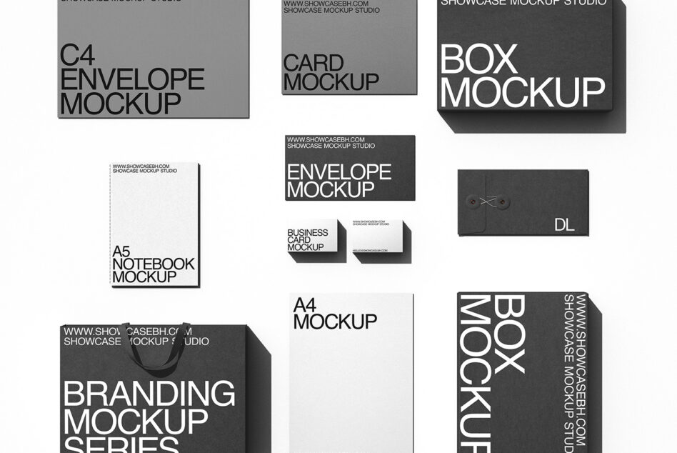 Complete branding mockup set with dark gray boxes, envelopes, cards, notebooks, folder