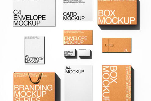 Full branding identity mockup series in kraft orange with matching boxes, envelopes, stationery