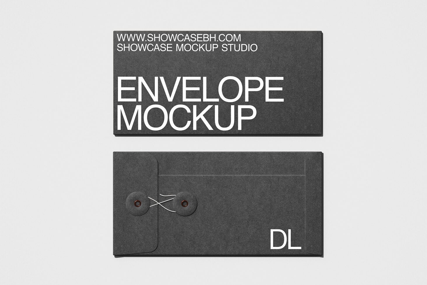 Dark gray DL envelope mockup shown front, back with metal clasp closure detail