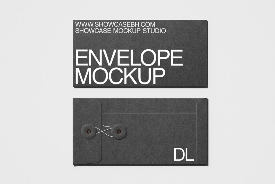 Dark gray DL envelope mockup shown front, back with metal clasp closure detail