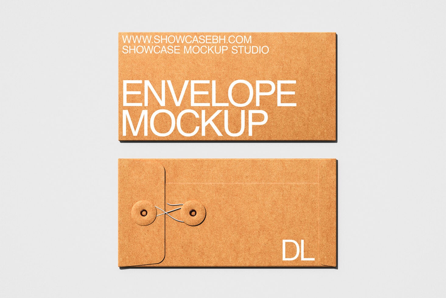 Tan kraft DL envelope mockup front, back view with metal clasp closure visible