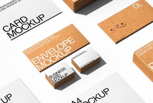 Kraft paper stationery set mockup with envelopes, business cards, folders laid out flat