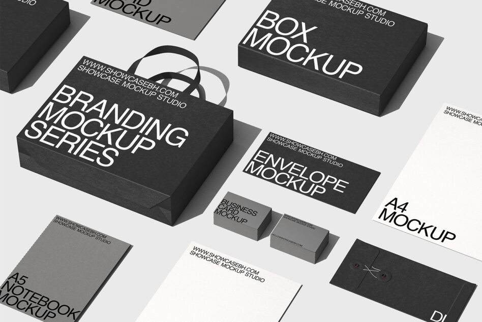 Black branding mockup set with boxes, cards, envelopes arranged flat lay