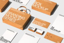 Orange branding mockup collection showing packaging, envelopes, business items