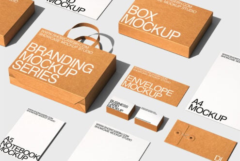 Orange branding mockup collection showing packaging, envelopes, business items