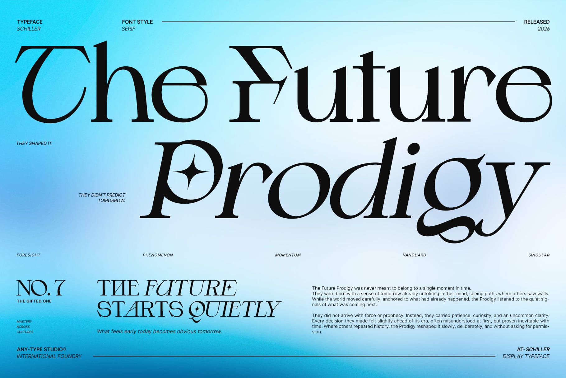 Future Prodigy serif font showcase with narrative text on turquoise