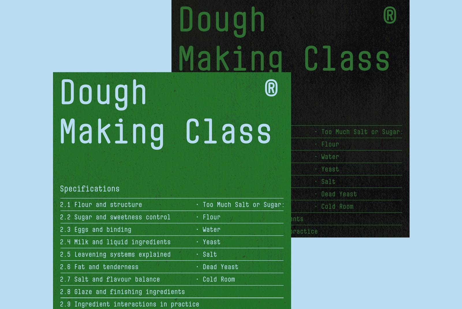 Dough Making Class curriculum layout with specifications on green background