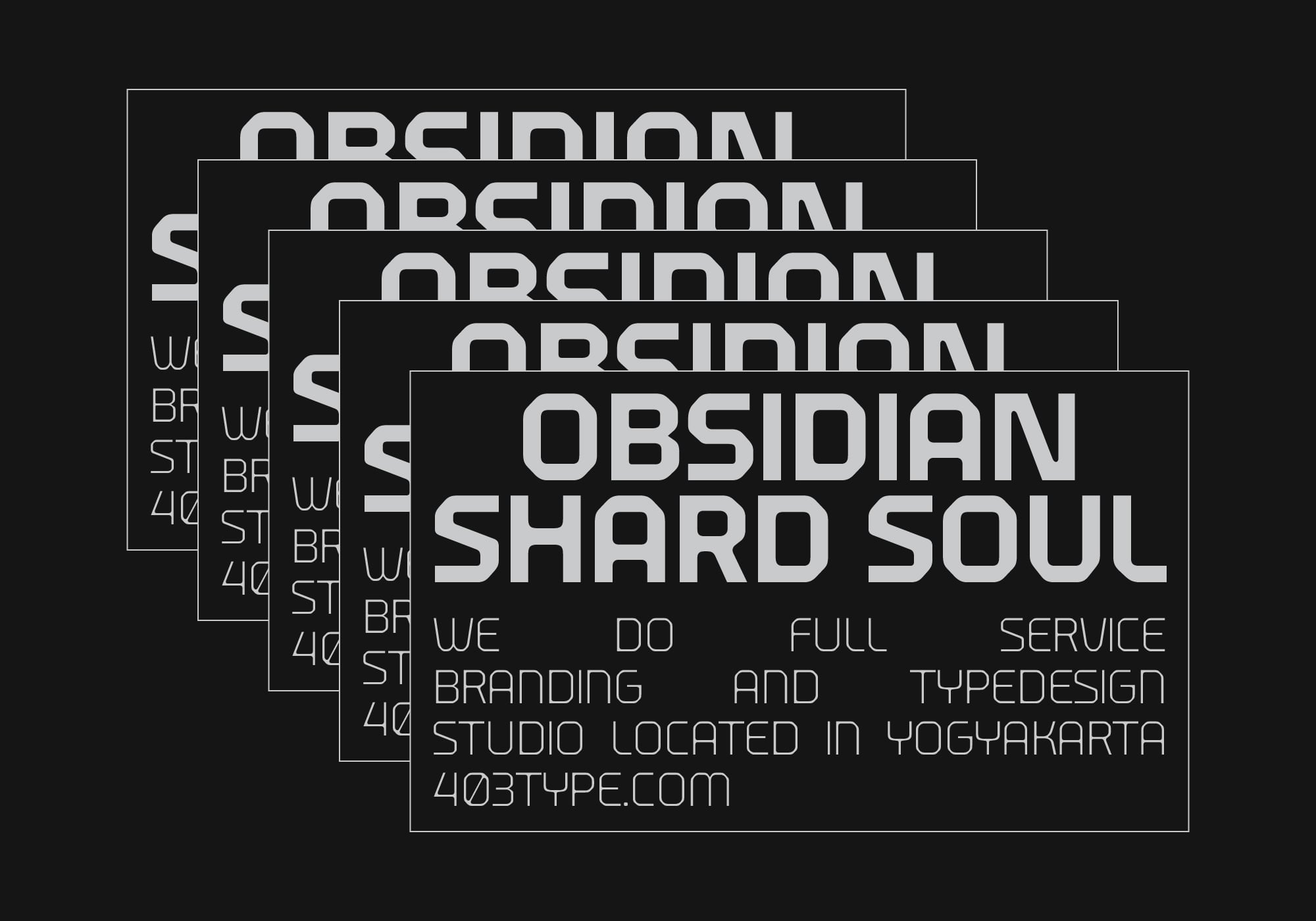 Stacked business card mockups displaying Obsidian Shard Soul branding with contact details