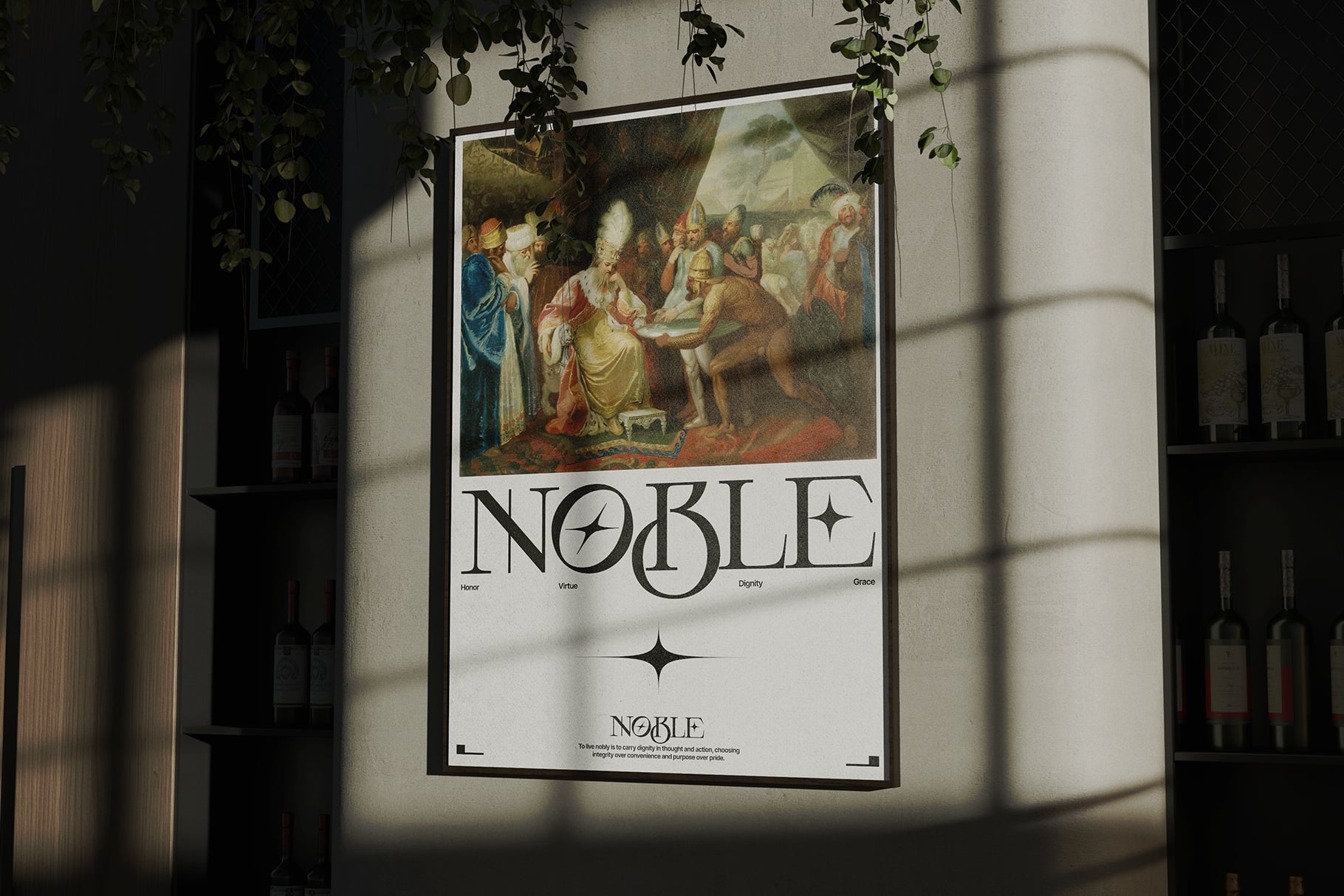 Gallery poster featuring classical painting with Noble typography overlay