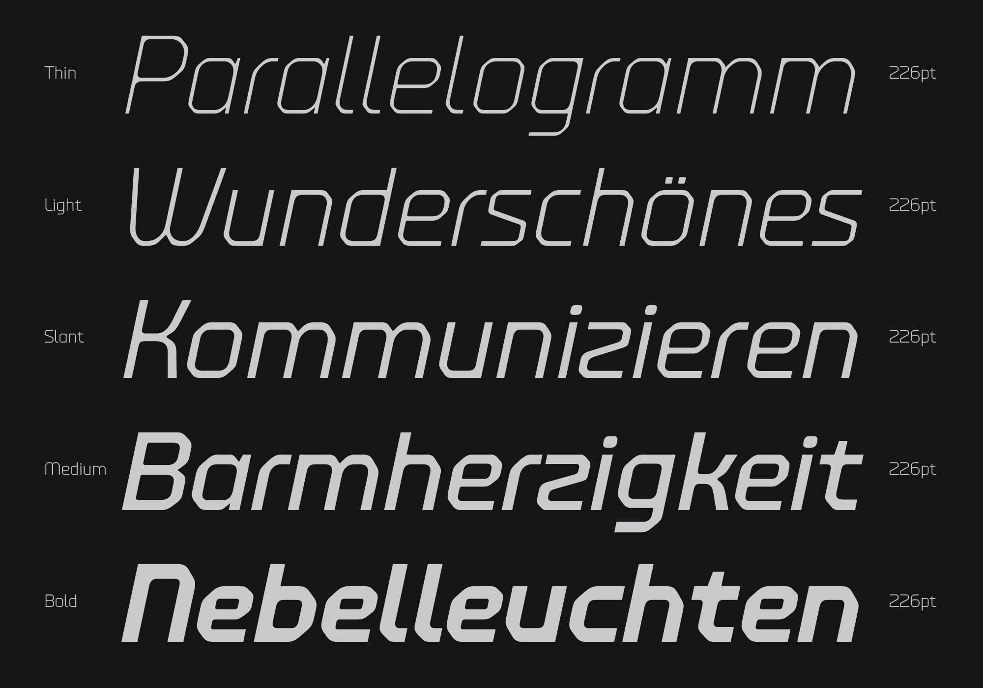 Geometric sans serif font showing thin, light, slant, medium, bold weights with German text