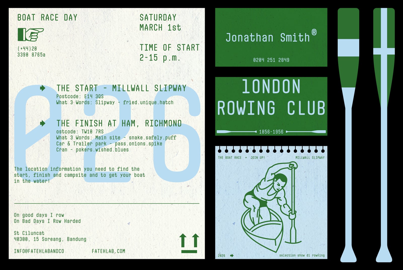 Boat race event branding with rowing club logo, oars, business cards
