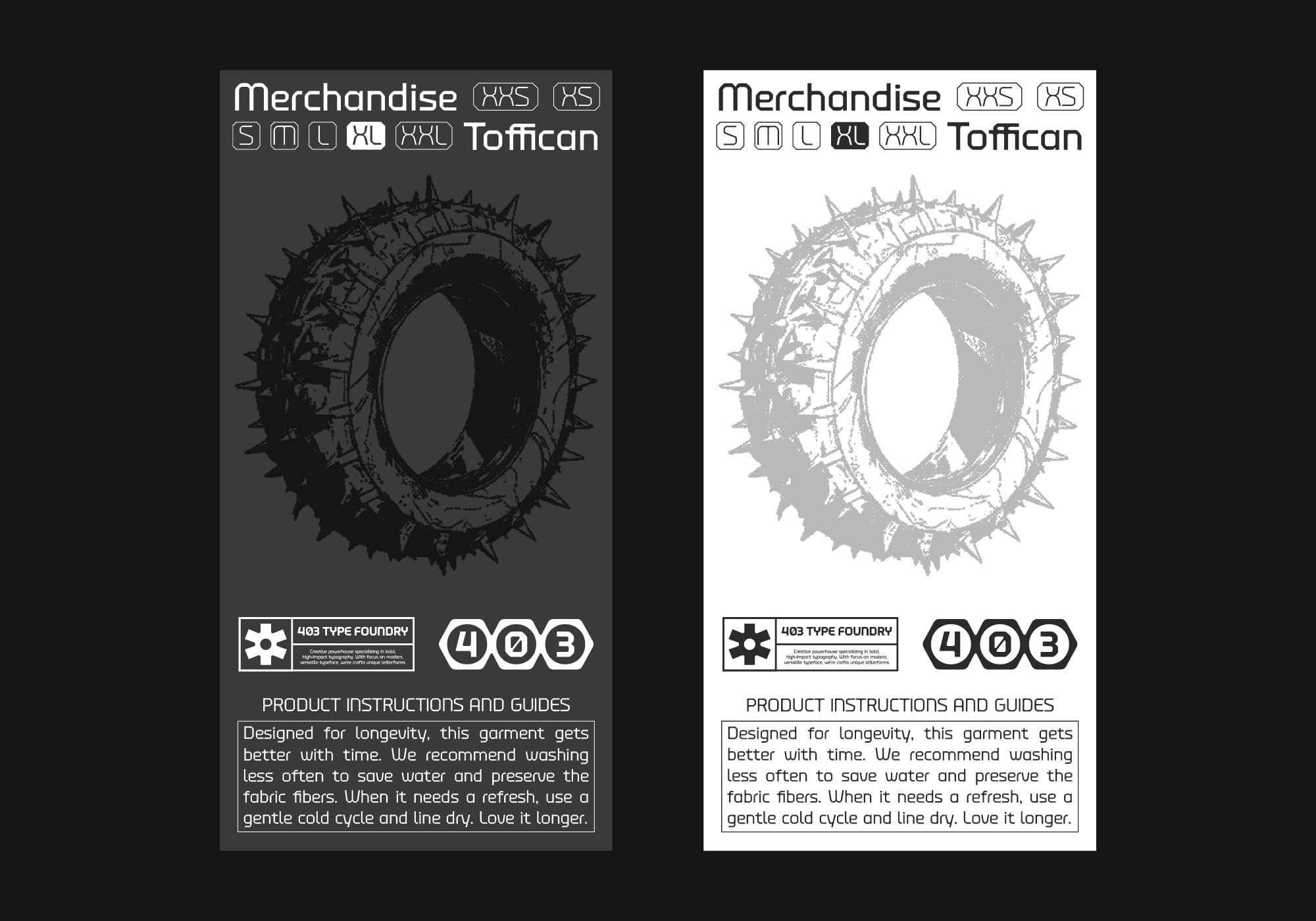 Merchandise Toffican size guide label with tire graphic on dark layout