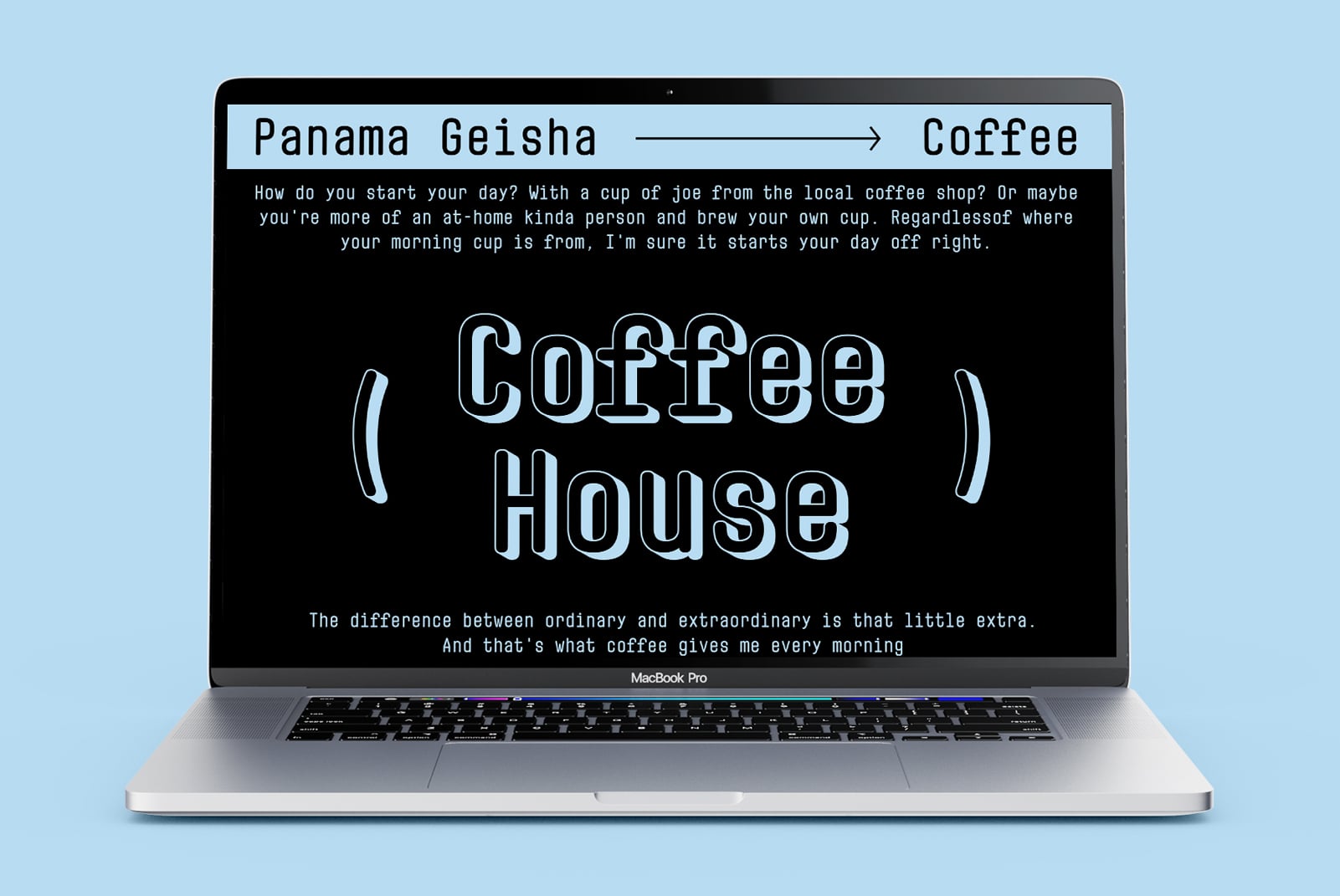 MacBook Pro showing Coffee House website with retro monospace typography