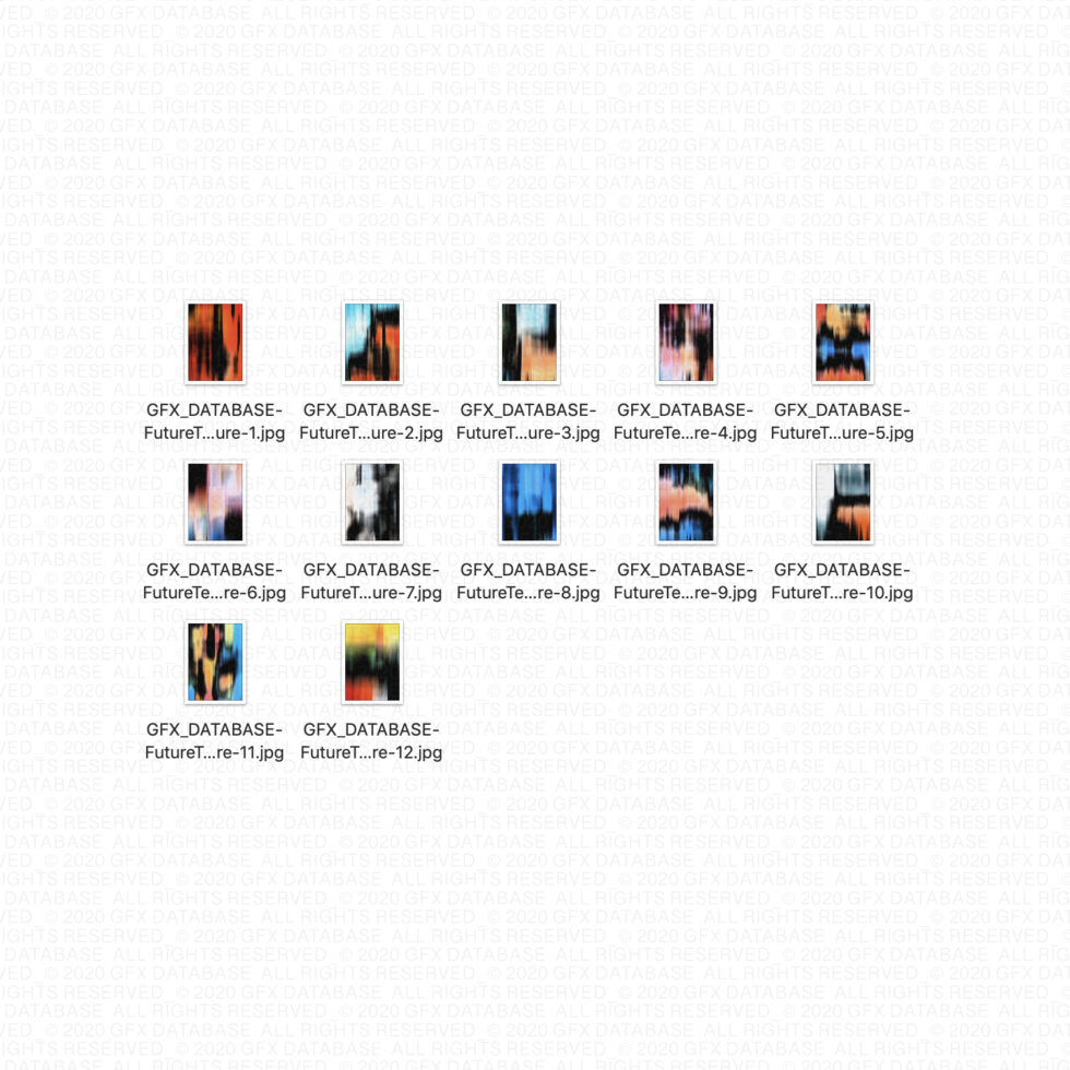Folder of 12 colorful digital glitch textures with file names shown