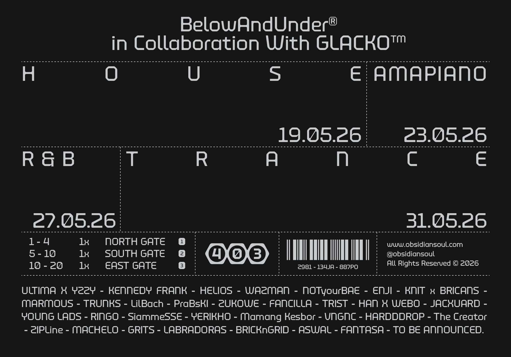House Amapiano R+B Trance event poster with 403 branding on black