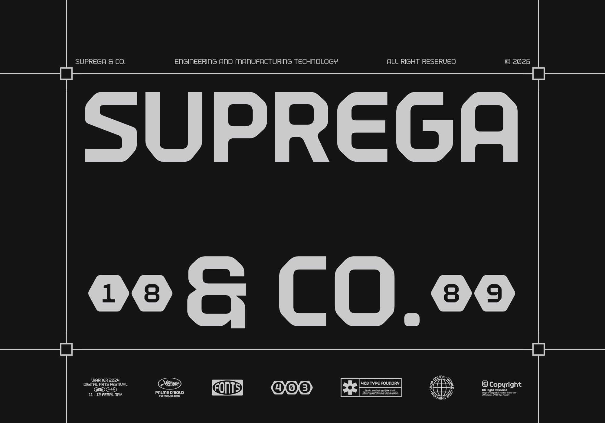 Suprega industrial typeface poster with company branding on dark background